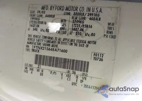 2004 Ford F-250 Lariat/Xl/Xlt from USA, damaged, VIN 1FTNX21S64EA71600